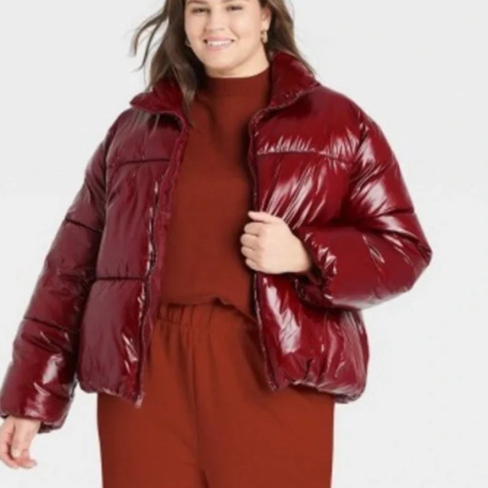 Gorgeous Wet Look Puffer Jacket - Berry